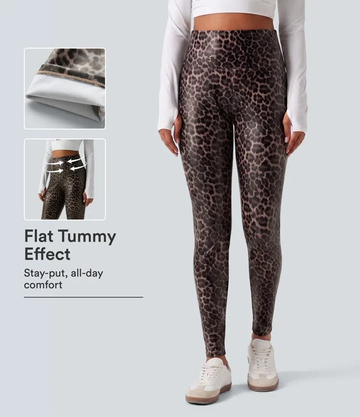 Med hög midja och magkontroll stretchig PU leopardmönstrad smal vardagsleggings med fickor
