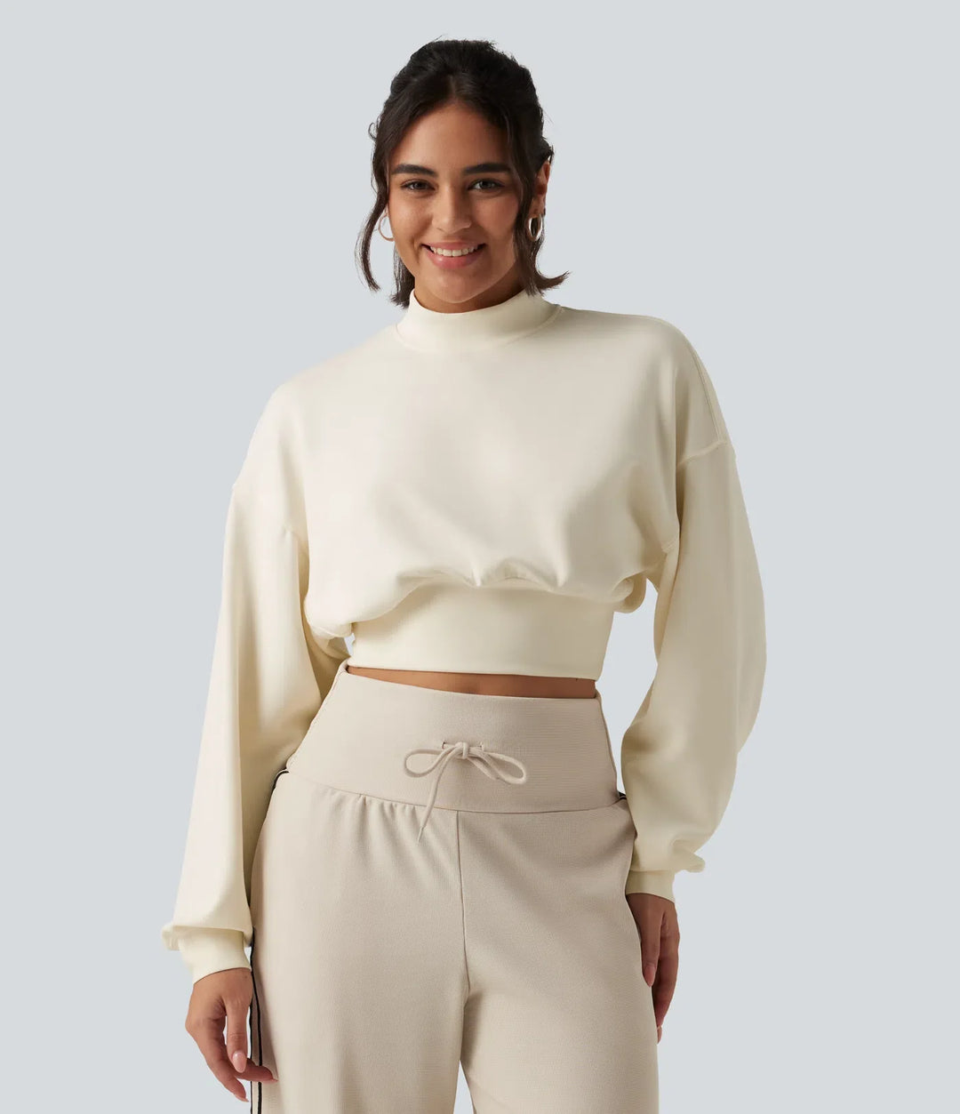 Halvpolo nedhasad långärmad vardaglig croppad sweatshirt