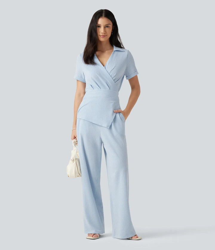 Kortärmad omlott knytning i ryggen randig skrynklad bomull vardaglig skjorta jumpsuit med fickor-Easy Peezy Edition