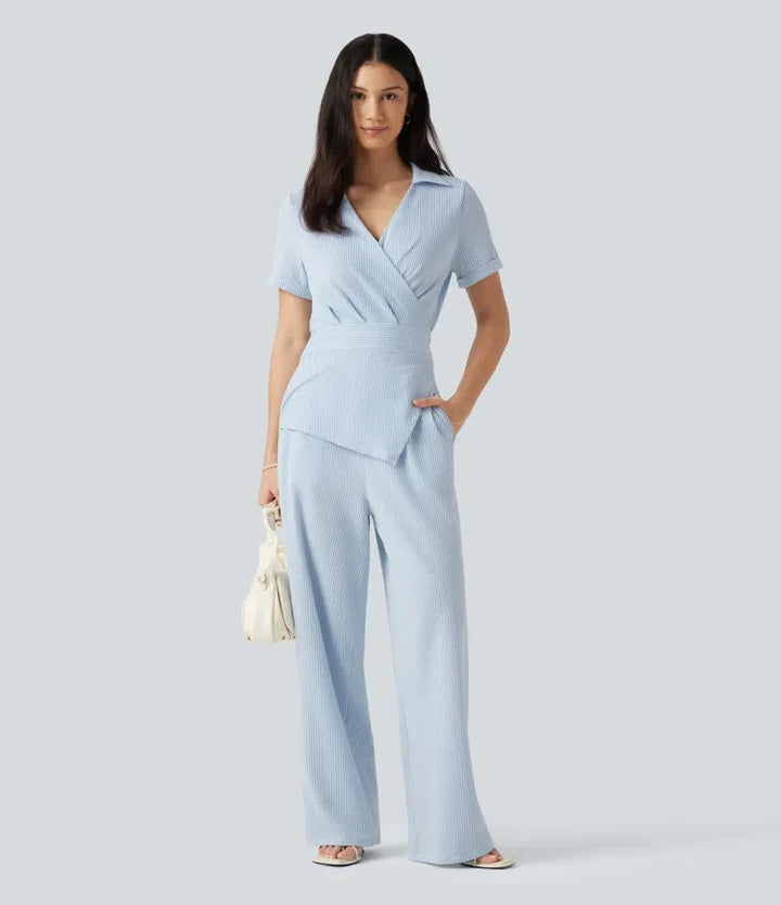 Kortärmad omlott knytning i ryggen randig skrynklad bomull vardaglig skjorta jumpsuit med fickor-Easy Peezy Edition