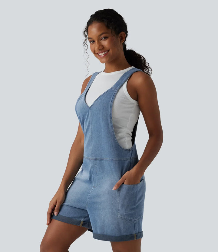 Lyckera Flex V-ringad upprullad fåll tvättad denim vardaglig kort overall med fickor