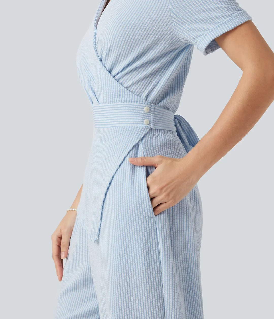 Kortärmad omlott knytning i ryggen randig skrynklad bomull vardaglig skjorta jumpsuit med fickor-Easy Peezy Edition