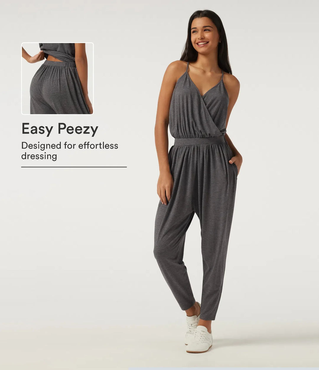 V-ringad ärmlös avsmalnande crossover vardaglig jumpsuit med fickor-Easy Peezy Edition