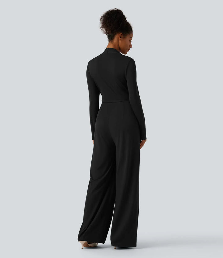 Långärmad inbyggd BH vida ben jumpsuit med fickor-Easy Peezy Edition DD-F-kupor