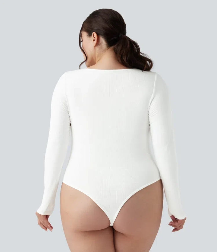 Ribbstickad fyrkantig halsringning långärmad smal för vardag plusstorlek body