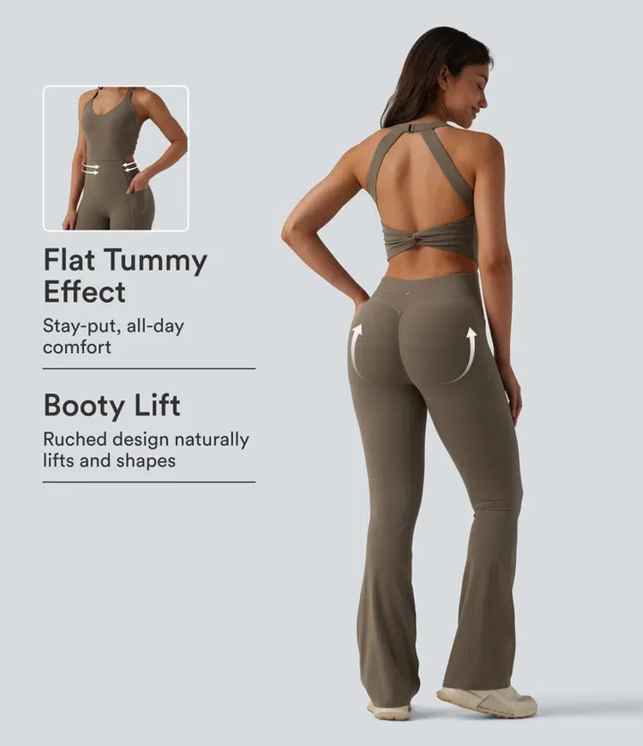 Lyckera UltraSculpt vriden rygglös magkontroll rumplyftande bootcut träning jumpsuit med fickor-Easy Peezy Edition