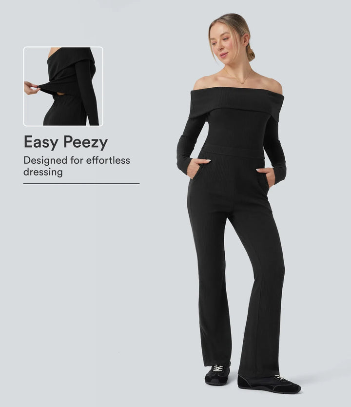 Ribbstickad vikbar bara axlar långärmad bootcut vardaglig jumpsuit med fickor-Easy Peezy Edition