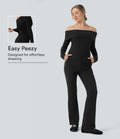 Ribbstickad vikbar bara axlar långärmad bootcut vardaglig jumpsuit med fickor-Easy Peezy Edition