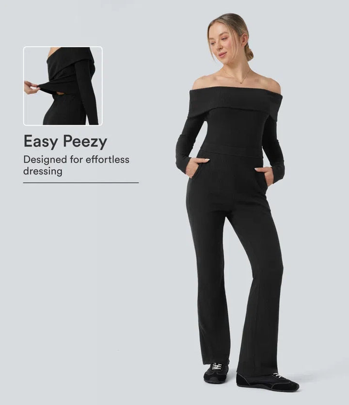 Ribbstickad vikbar bara axlar långärmad bootcut vardaglig jumpsuit med fickor-Easy Peezy Edition