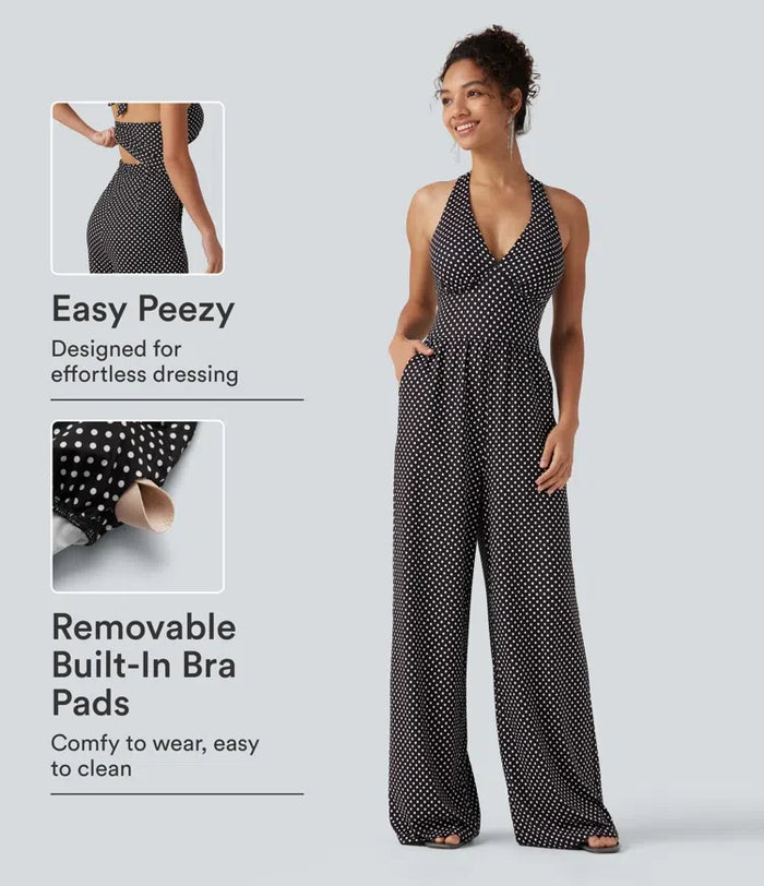 Halterneck ärmlös rygglös inbyggd BH prickig mönster resortjumpsuit med fickor-Easy Peezy