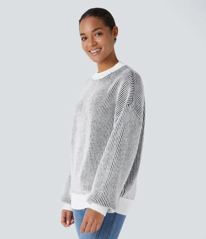 Rund hals långärmad färgblock randig vardaglig tröja
