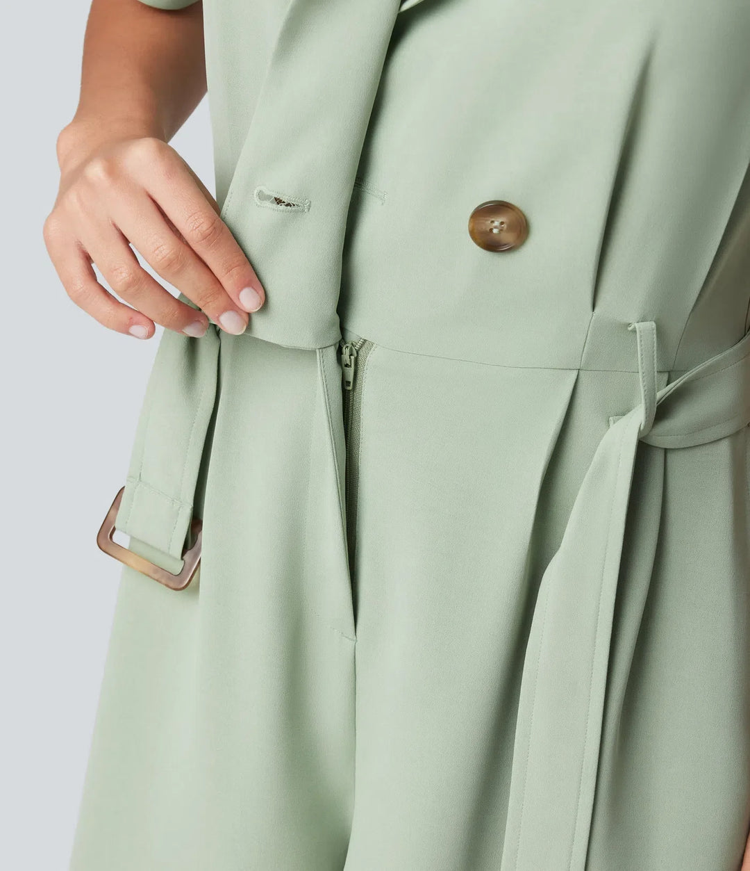 Sjalkrage kortärmad bältad arbete playsuit med fickor