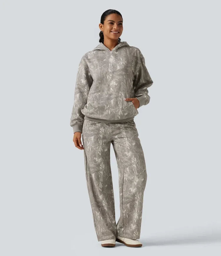Medelhög midja raka ben mönstrad inner dragsko fleece vardaglig mjukisbyxor med fickor
