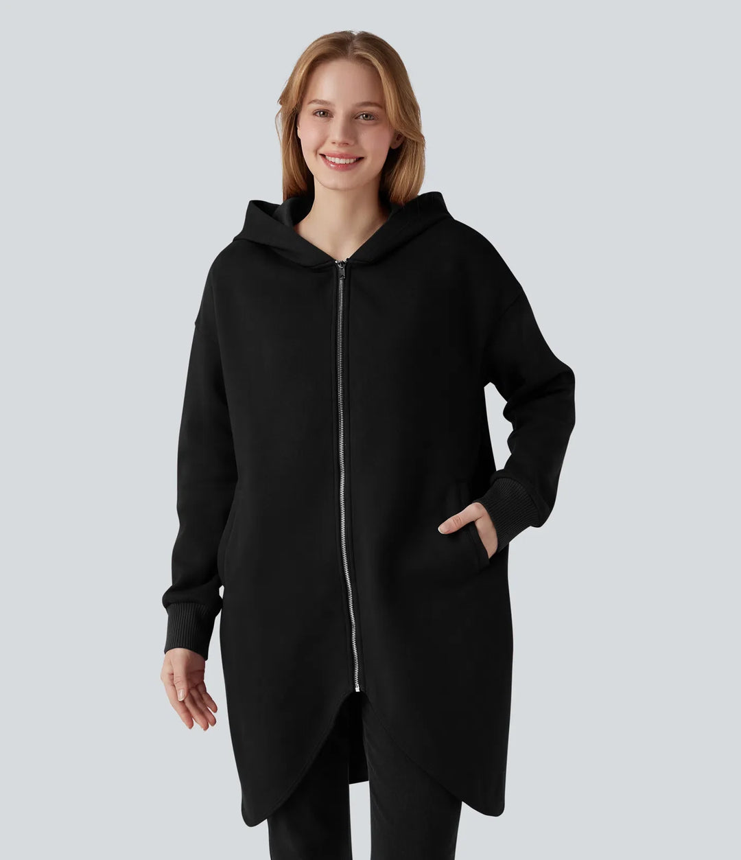 Med huva dragkedja långärmad rundad fåll lång modell vardaglig bomull sweatshirt med fickor