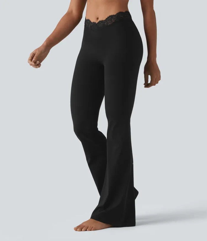Halara UltraSculpt V-formad med hög midja kontrastspets yoga utsvängd leggings med fickor