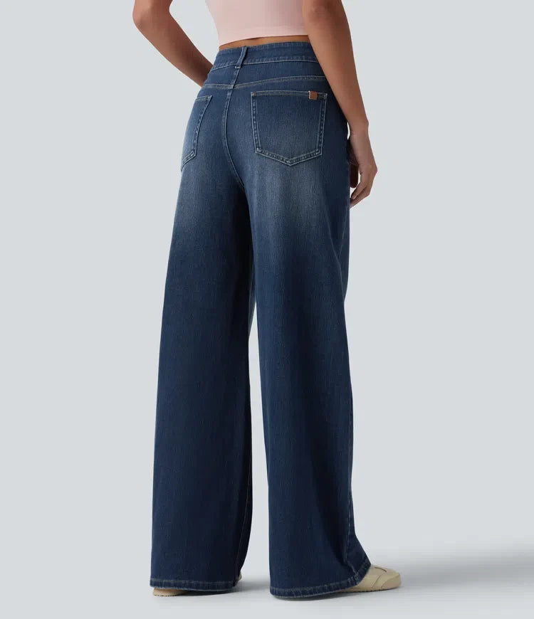 Lyckera Flex asymmetrisk medelhög midja vida ben vardagsjeans med fickor