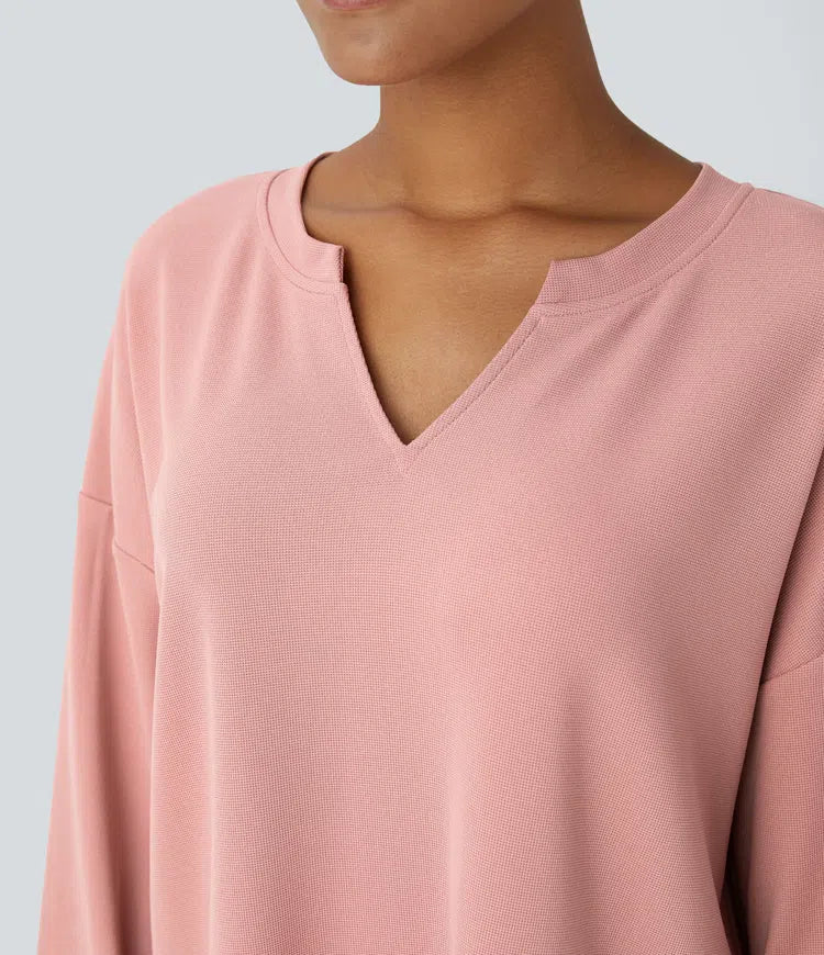 V-ringad nedhasad axel avslappnad våffelstruktur vardaglig sweatshirt