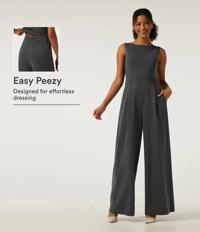 Båtringad ärmlös vida ben hundtand smal arbete jumpsuits med fickor -Easy Peezy Edition
