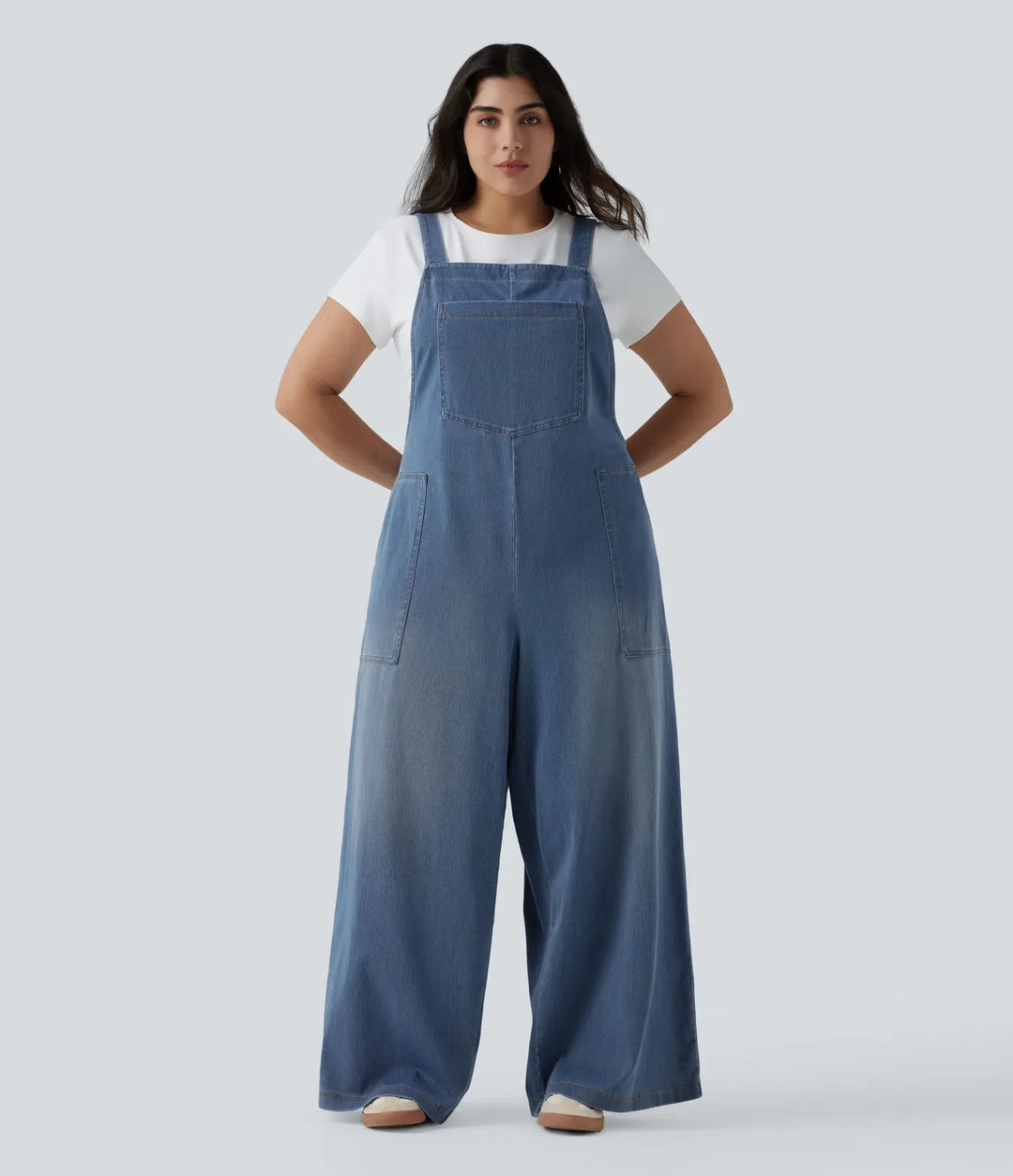 Plusstorlek Halara Flex fyrkantig halsringning tvättad denim hängselbyxor för vardag med fickor