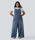 Plusstorlek Halara Flex fyrkantig halsringning tvättad denim hängselbyxor för vardag med fickor