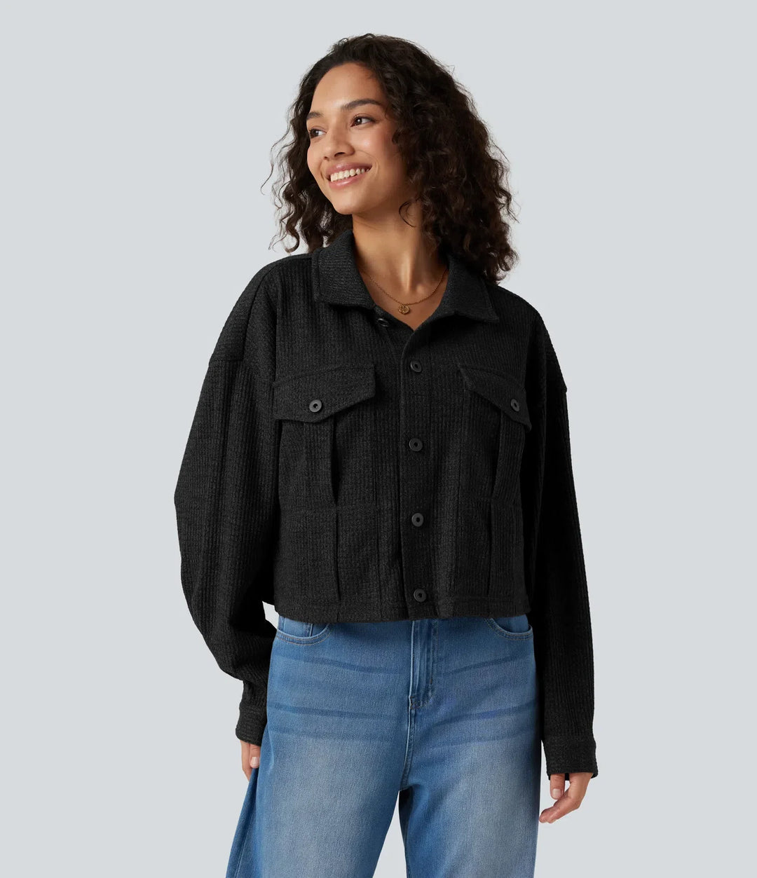 Långärmad stickad våffelstruktur vardaglig jacka med fickor