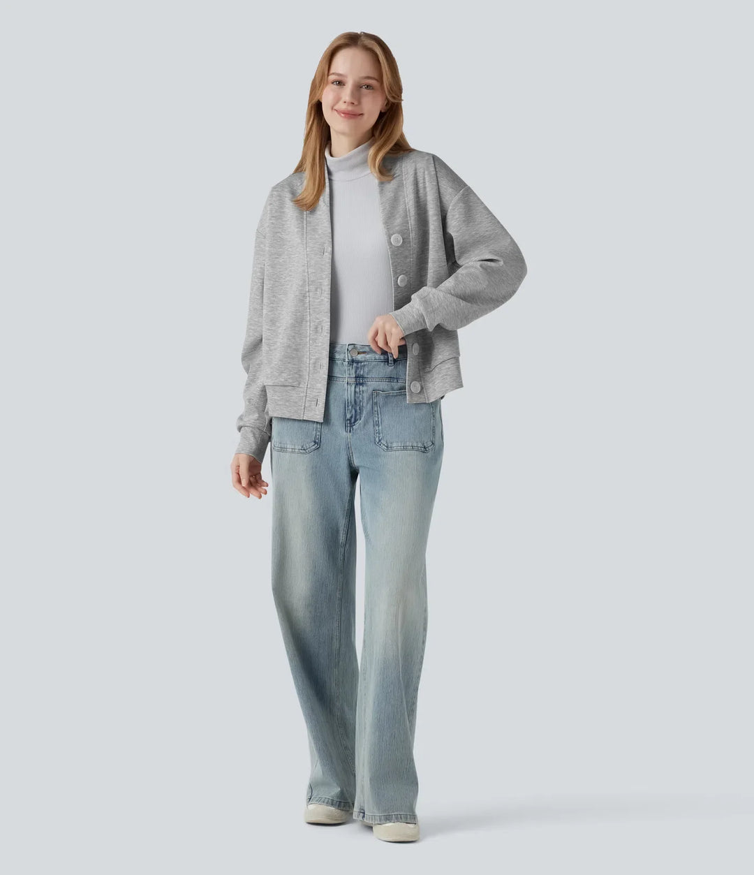V-ringad långärmad knapp gylf vardaglig sweatshirt med fickor