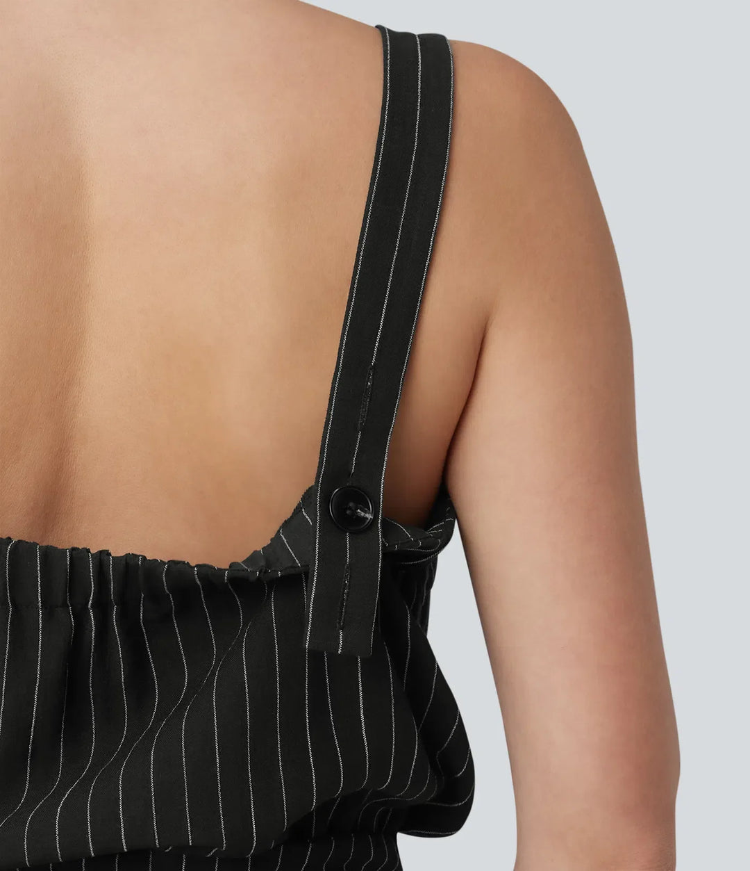 Fyrkantig halsringning justerbara axelband ärmlös bältad ränder vardaglig linnekänsla jumpsuit med fickor-Easy Peezy