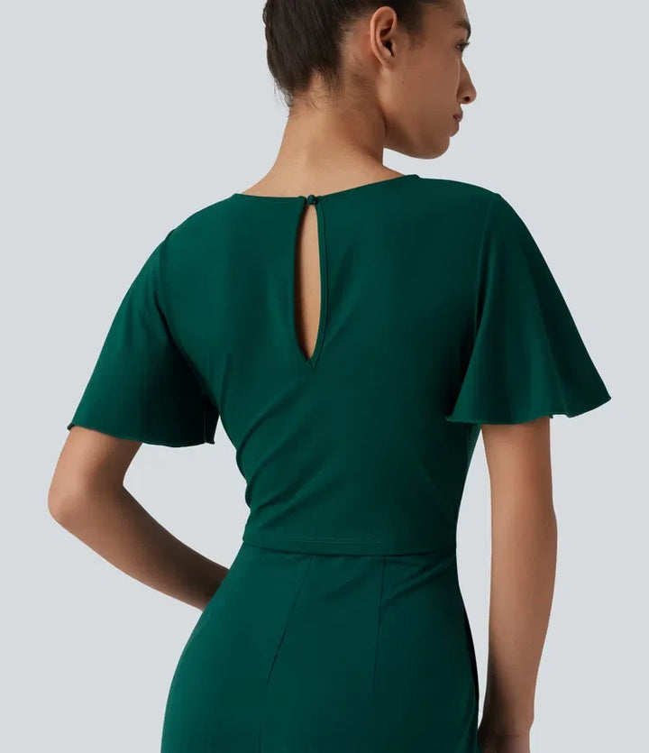 Rund halsringning kortärmad knytning framtill vida ben jumpsuit med fickor – Easy Peezy-utgåva
