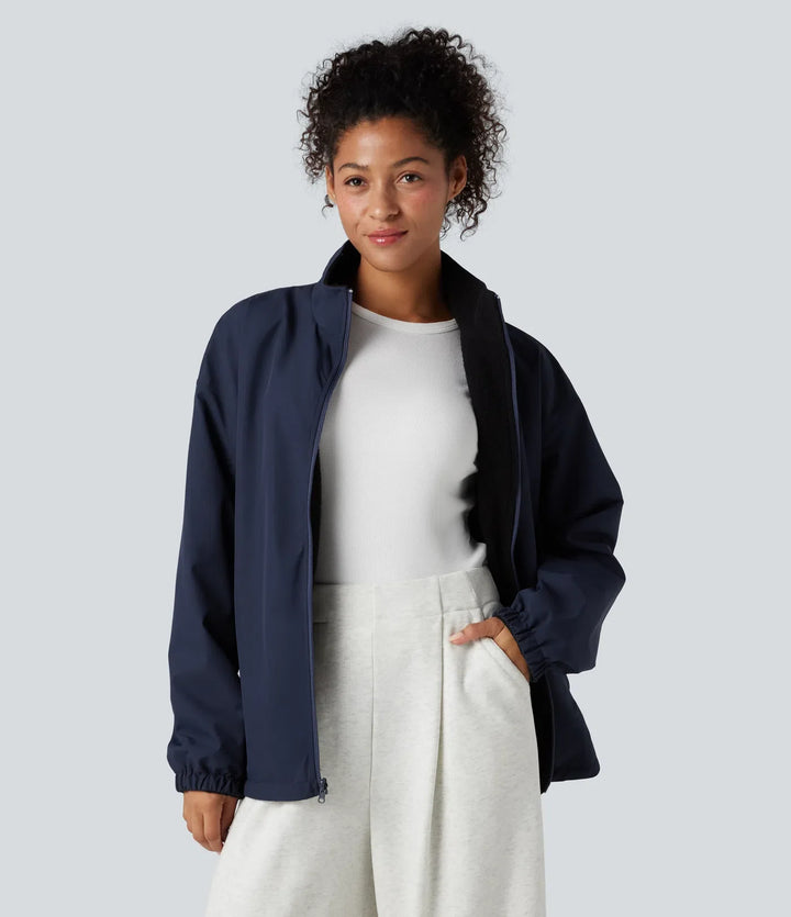 Vändbar hög hals långärmad dragkedja fleece vandringsjacka med fickor (två looks i en)