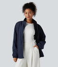 Vändbar hög hals långärmad dragkedja fleece vandringsjacka med fickor (två looks i en)
