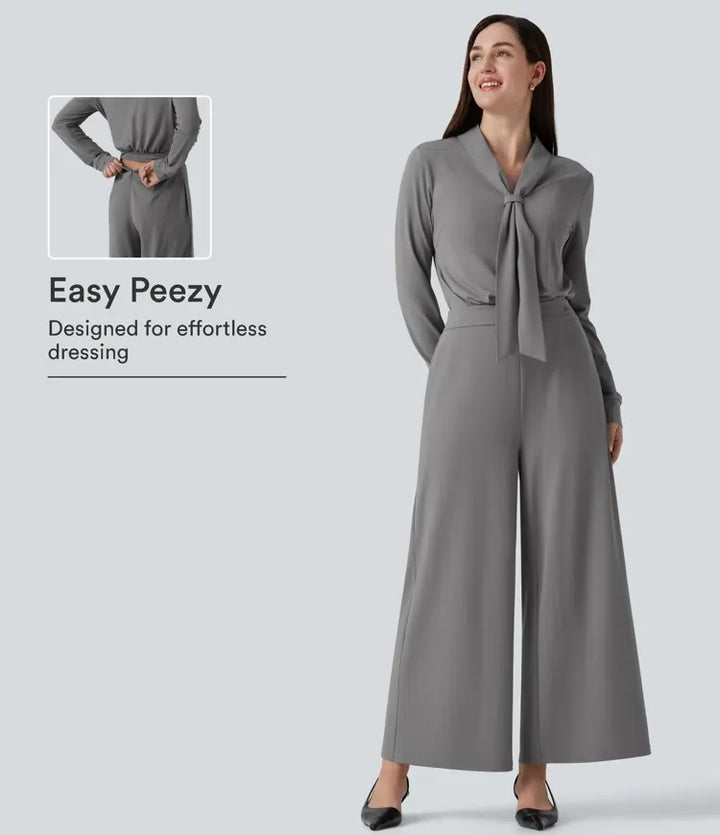 V-ringad långärmad vida ben arbetsjumpsuit med fickor-Easy Peezy Edition