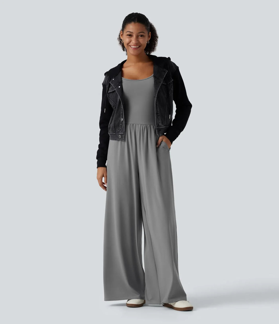 U-ringad långärmad tumhål vida ben rynkat vardaglig jumpsuit med inbyggd BH och fickor -Easy Peezy Edition