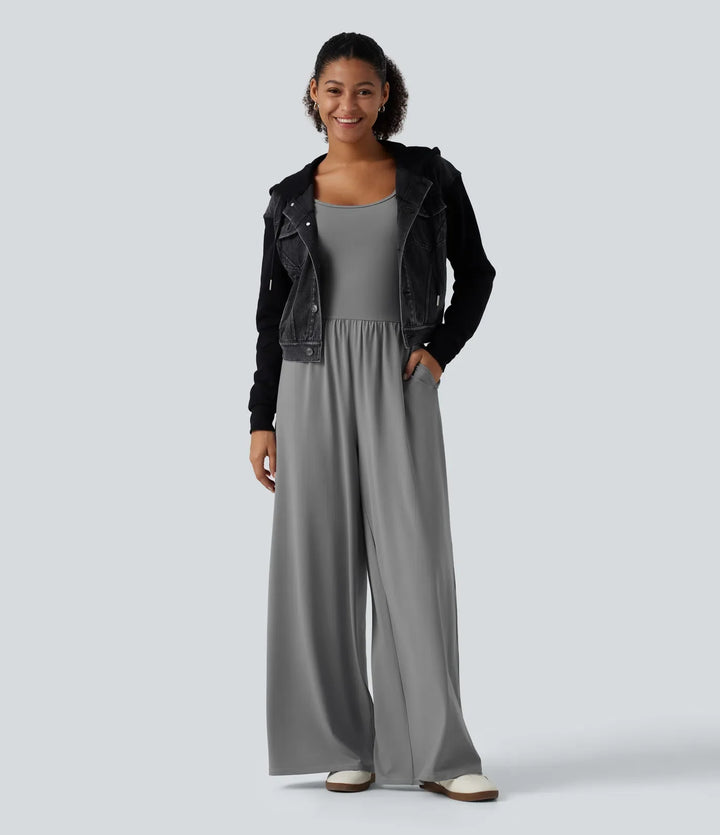 U-ringad långärmad tumhål vida ben rynkat vardaglig jumpsuit med inbyggd BH och fickor -Easy Peezy Edition