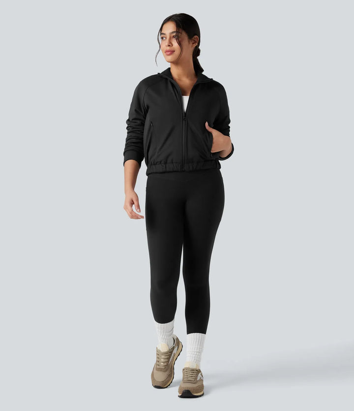 Vändbar hög hals långärmad fleece vandringsjacka med fickor (två looks i en)