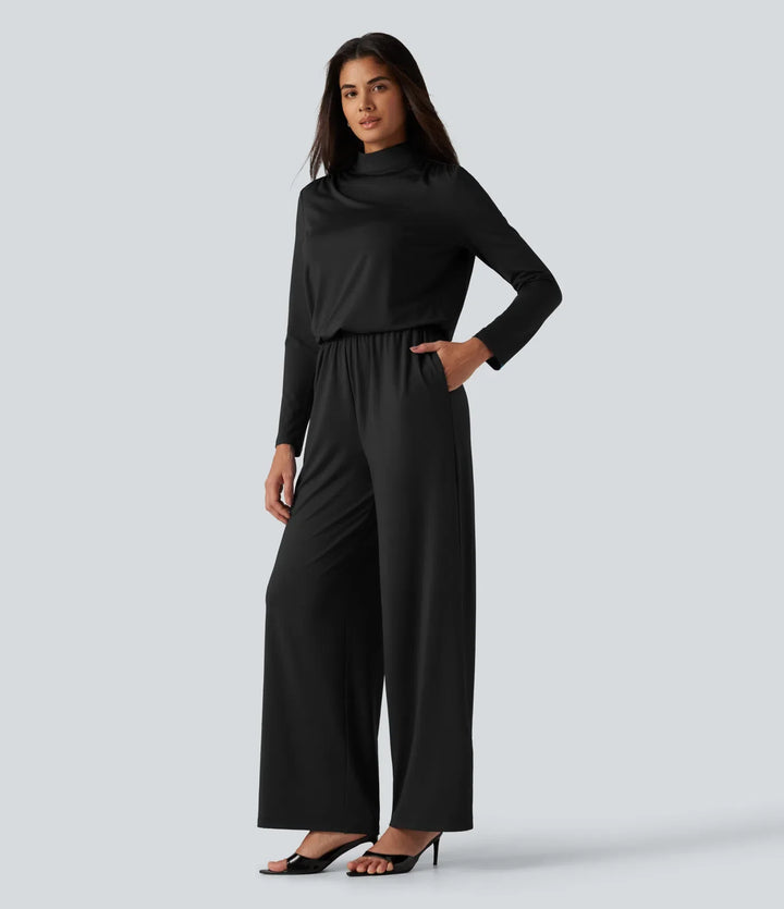 Ståkrage långärmad raka ben jumpsuit med fickor-Easy Peezy Edition
