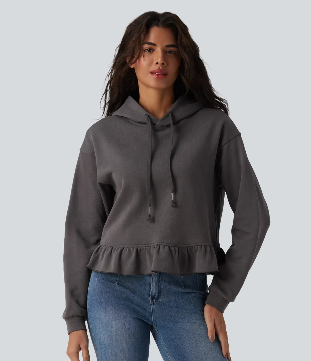 Med huva dragsko långärmad volangfåll vardaglig bomull sweatshirt