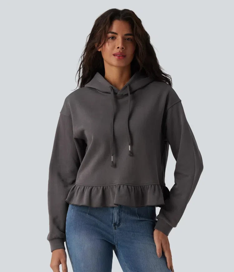 Med huva dragsko långärmad volangfåll vardaglig bomull sweatshirt
