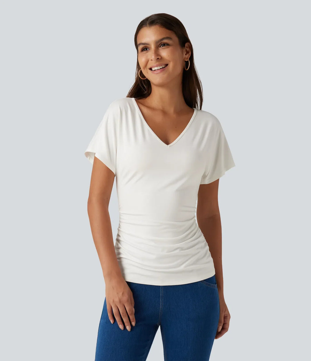 V-ringning kortärmad rynklad smal T-shirt för vardag