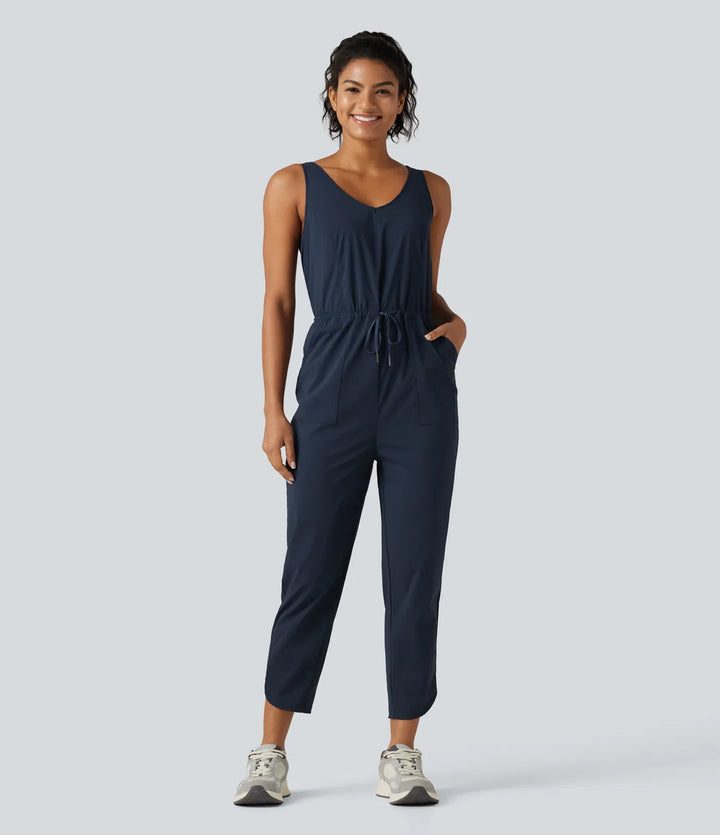V-ringad dragsko rundad fåll vandring jumpsuit med fickor
