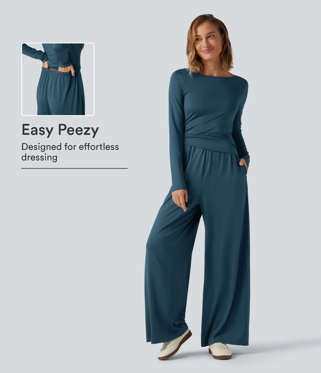 Båtringad långärmad vida ben rynkat vardaglig jumpsuit med fickor-Easy Peezy Edition