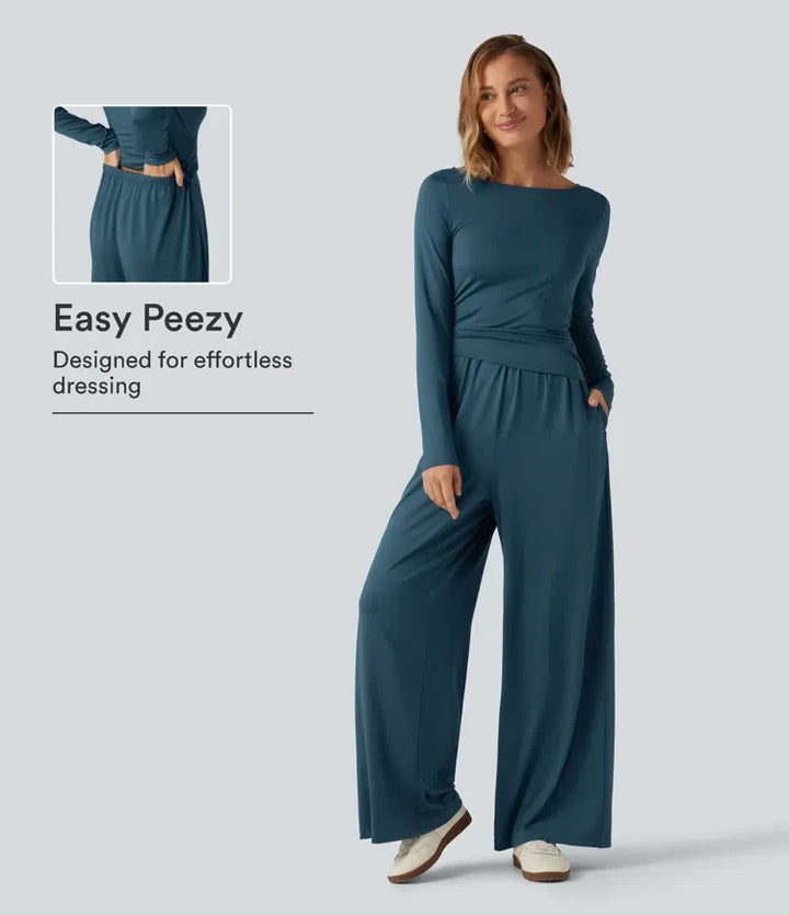 Båtringad långärmad vida ben rynkat vardaglig jumpsuit med fickor-Easy Peezy Edition