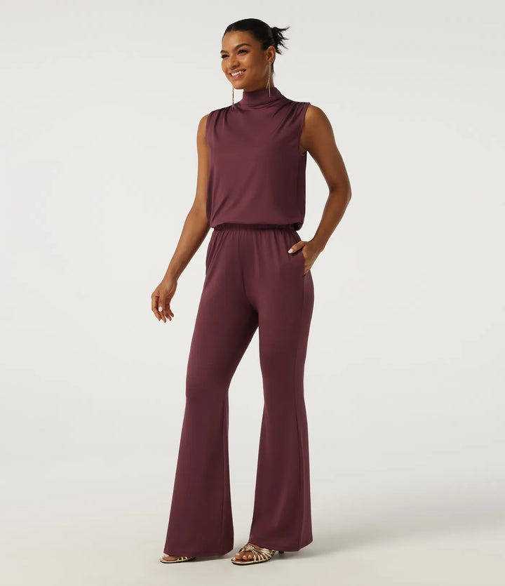 Halvpolo ärmlös utsvängd nyckelhålsrygg fest jumpsuit med fickor - Easy Peezy Edition
