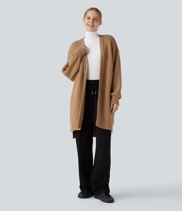 Lång bishopärm slits fåll hålmönstrad vardaglig lång modell cardigan