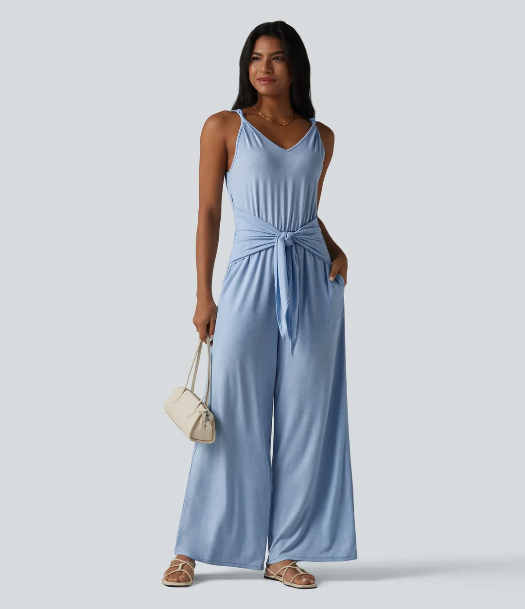 V-ringad ärmlös knytning fram vida ben vardaglig jumpsuit med fickor-Easy Peezy Edition