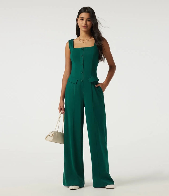 Fyrkantig halsringning ärmlös vida ben vardaglig jumpsuit med fickor-Easy Peezy Edition