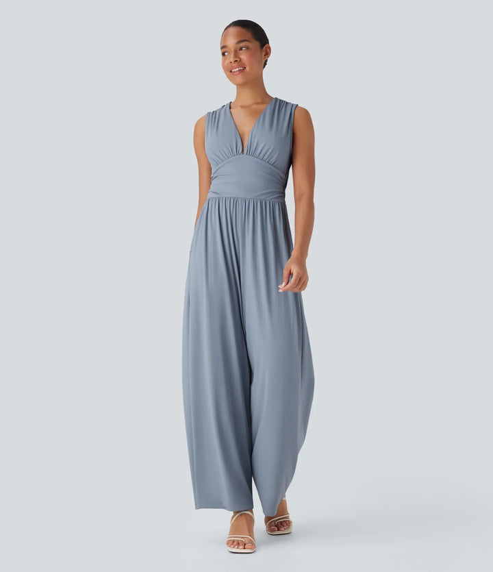 SoftlyZero luftig V-ringad ärmlös rynkat ficka InstantCool vardaglig jumpsuit-Easy Peezy