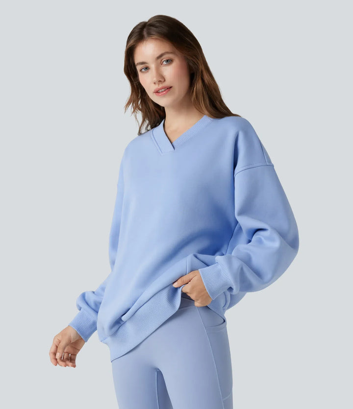 V-ringad långärmad fleece vardaglig bomull sweatshirt med fickor