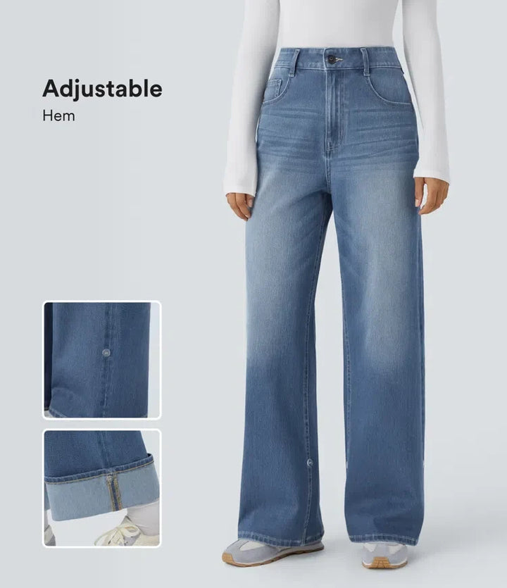 Lyckera Flex högmidjad fickor justerbar fåll vida ben tvättad vardagsjeans