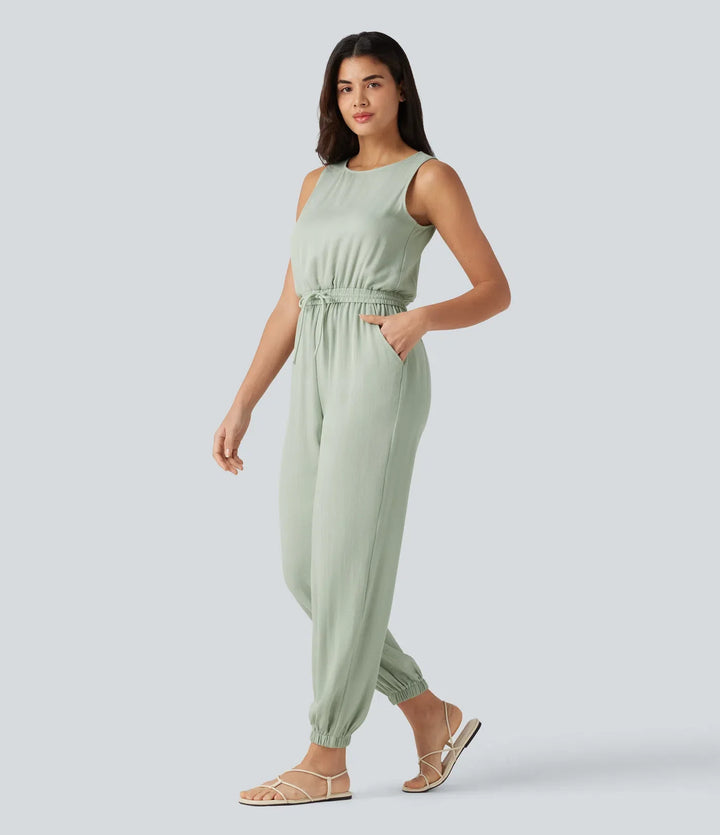 Rund hals ärmlös dragsko linnekänsla vardaglig jumpsuit med fickor
