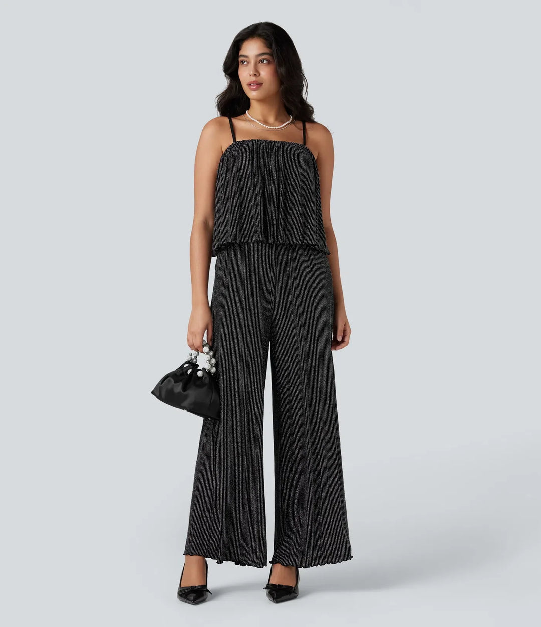 Volangfåll ärmlös skimrande randig vardaglig jumpsuit med fickor-Easy Peezy